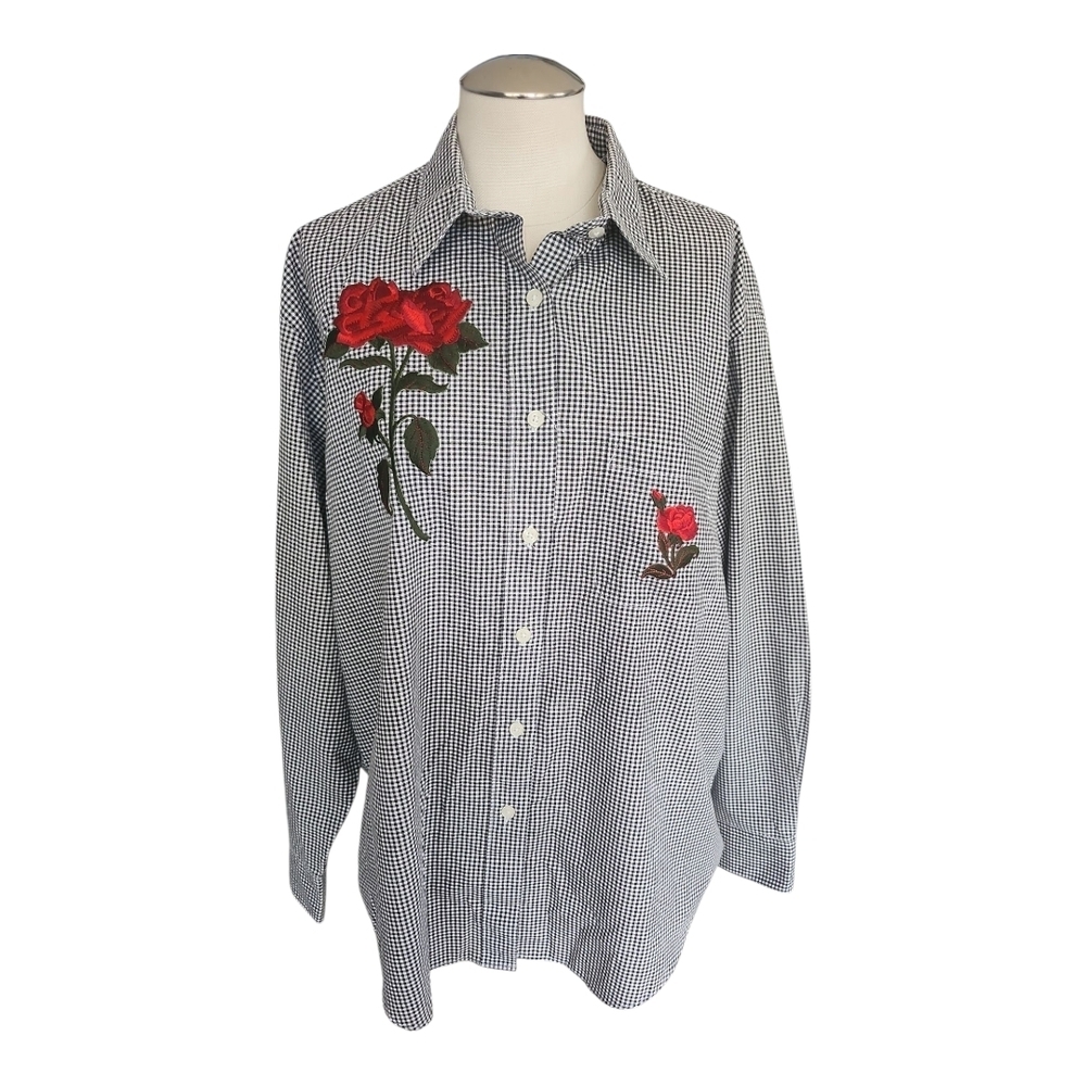 VTG Las Olas Black White Checkered Shirt w/ Red Rose Embroidery Women’s L